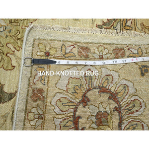 7'3"x9'3" Linen White, Hand Knotted, Agra with Ziegler Design, All Over Leaf Pattern, Zero Pile, Pure Wool, Oriental Rug FWR458226