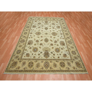 7'2"x9'4" Parchment White, Agra with Ziegler Design, All Over Leaf Pattern, Zero Pile, Hand Knotted, Pure Wool, Oriental Rug FWR458214