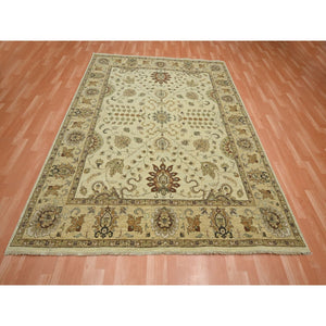7'3"x9'1" Boulder White, Hand Knotted, Agra with Ziegler Design, All Over Leaf Pattern, Zero Pile, Pure Wool, Oriental Rug FWR458220