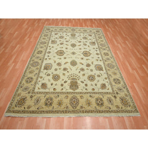 7'3"x9'3" Linen White, Hand Knotted, Agra with Ziegler Design, All Over Leaf Pattern, Zero Pile, Pure Wool, Oriental Rug FWR458226