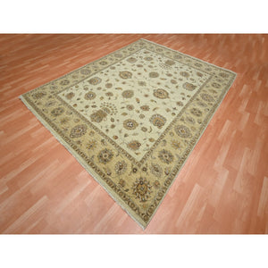 7'3"x9'3" Linen White, Hand Knotted, Agra with Ziegler Design, All Over Leaf Pattern, Zero Pile, Pure Wool, Oriental Rug FWR458226