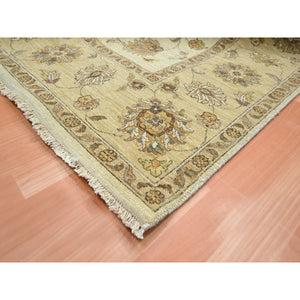 7'3"x9'3" Linen White, Hand Knotted, Agra with Ziegler Design, All Over Leaf Pattern, Zero Pile, Pure Wool, Oriental Rug FWR458226
