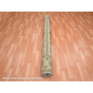 7'3"x9'3" Linen White, Hand Knotted, Agra with Ziegler Design, All Over Leaf Pattern, Zero Pile, Pure Wool, Oriental Rug FWR458226