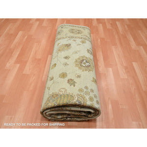 8'x10' Linen White, Hand Knotted, Agra with Ziegler Design, All Over Leaf Pattern, Pure Wool, Zero Pile, Oriental Rug FWR458238