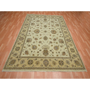 7'2"x9'4" Bone White, Hand Knotted, Agra with Ziegler Design, All Over Leaf Pattern, Pure Wool, Zero Pile, Oriental Rug FWR458256
