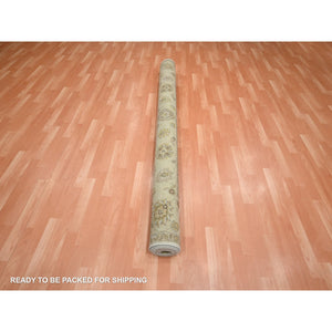 7'2"x9'4" Bone White, Hand Knotted, Agra with Ziegler Design, All Over Leaf Pattern, Pure Wool, Zero Pile, Oriental Rug FWR458256