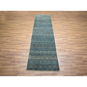 2'5"x7'7" Sapphire Blue, Kohinoor Herat Pattern, Small Geometric Repetitive Diamond Design, Soft Wool, Tone On Tone, Hand Knotted, Runner, Oriental Rug FWR458340