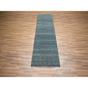 2'7"x7'7" Pacific Blue, Kohinoor Herat with Small Geometric Repetitive Diamond Pattern, Soft Wool, Tone On Tone, Hand Knotted, Runner, Oriental Rug FWR458352