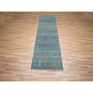 2'7"x7'7" Teal Blue, Kohinoor Herat Pattern, Small Geometric Repetitive Diamond Design, Soft Pile, Pure Wool, Tone On Tone, Hand Knotted, Runner, Oriental Rug FWR458358