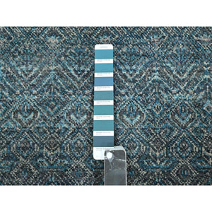 2'7"x7'7" Teal Blue, Kohinoor Herat Pattern, Small Geometric Repetitive Diamond Design, Soft Pile, Pure Wool, Tone On Tone, Hand Knotted, Runner, Oriental Rug FWR458358