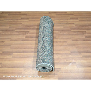 2'6"x7'8" Pacific Blue, Hand Knotted, Kohinoor Herat Pattern, Small Geometric Repetitive Diamond Design, Soft Wool, Tone On Tone, Runner, Oriental Rug FWR458370