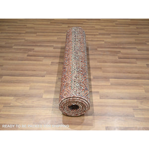 2'7"x10'2" Clay Red, Kohinoor Herat with Small Geometric Repetitive Diamond Pattern, Soft Wool, Tone On Tone, Hand Knotted, Runner, Oriental Rug FWR458376