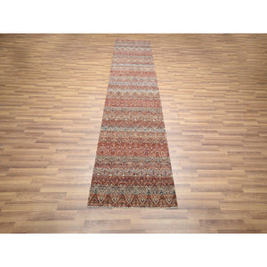 2'7"x10'2" Chili Red, Kohinoor Herat with Small Geometric Repetitive Diamond Pattern, Soft and Shiny Wool, Tone On Tone, Hand Knotted, Runner, Oriental Rug FWR458382