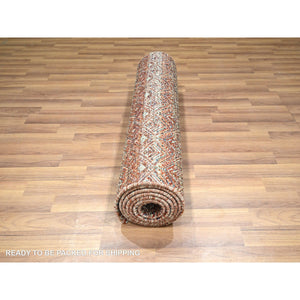 2'7"x10'2" Chili Red, Kohinoor Herat with Small Geometric Repetitive Diamond Pattern, Soft and Shiny Wool, Tone On Tone, Hand Knotted, Runner, Oriental Rug FWR458382