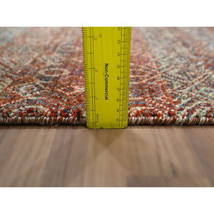 2'7"x10'2" Chili Red, Kohinoor Herat with Small Geometric Repetitive Diamond Pattern, Soft and Shiny Wool, Tone On Tone, Hand Knotted, Runner, Oriental Rug FWR458382