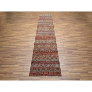 2'7"x10'2" Paprika Red, Tone On Tone, Kohinoor Herat with Small Geometric Repetitive Diamond Pattern, Soft Wool, Hand Knotted, Runner, Oriental Rug FWR458388