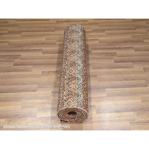 2'7"x10'2" Paprika Red, Tone On Tone, Kohinoor Herat with Small Geometric Repetitive Diamond Pattern, Soft Wool, Hand Knotted, Runner, Oriental Rug FWR458388