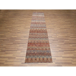 2'7"x10' Summer Fig Red, Kohinoor Herat with Small Geometric Repetitive Diamond Design, Soft and Vibrant Wool, Tone On Tone, Hand Knotted, Runner, Oriental Rug FWR458394