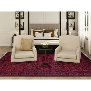 9'9"x13'3" Crimson Red, Afghan Khamyab with Tribal Motifs Pattern, Soft and Velvety Wool, Hand Knotted, Vegetable Dyes, Oriental Rug FWR4578
