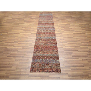 2'6"x10'2" Clay Red, Kohinoor Herat with Small Geometric Repetitive Diamond Pattern, Soft Wool, Tone On Tone, Hand Knotted, Runner, Oriental Rug FWR458400