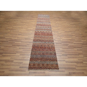 2'6"x10'2" Chili Red, Kohinoor Herat with Small Geometric Repetitive Diamond Pattern, Tone on Tone, Soft and Shiny Wool, Hand Knotted, Runner, Oriental Rug FWR458406