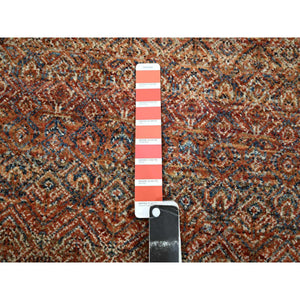 2'7"x10' Chili Red, Kohinoor Herat with Small Geometric Repetitive Diamond Pattern, Soft and Shiny Wool, Hand Knotted, Tone on Tone, Runner, Oriental Rug FWR458418
