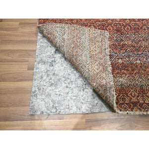2'6"x10'2" Chili Red, Kohinoor Herat with Small Geometric Repetitive Diamond Pattern, Tone on Tone, Soft and Shiny Wool, Hand Knotted, Runner, Oriental Rug FWR458436