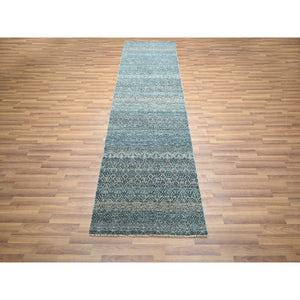 3'1"x9'9" Storm Blue, Kohinoor Herat Pattern, Small Geometric Repetitive Diamond Design, Soft Wool, Tone On Tone, Hand Knotted, Runner, Oriental Rug FWR458508