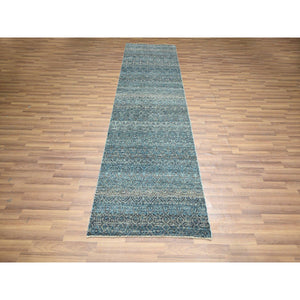3'x9'9" Jasper Blue, Kohinoor Herat Pattern, Small Geometric Repetitive Diamond Design, Soft Wool, Tone On Tone, Hand Knotted, Runner, Oriental Rug FWR458514