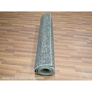 3'x9'9" Jasper Blue, Kohinoor Herat Pattern, Small Geometric Repetitive Diamond Design, Soft Wool, Tone On Tone, Hand Knotted, Runner, Oriental Rug FWR458514