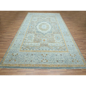 9'1"x12'2" Stone Blue with Gold, Mamluk Design, Pre Historic 14th Century Influence, Natural Dyes, 100% Wool, Hand Knotted, Oriental Rug FWR458568