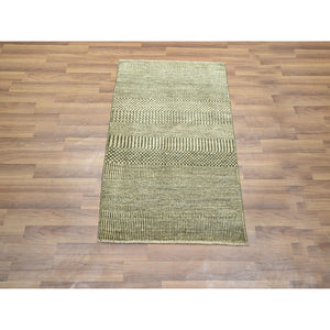 2'x3' Beige, Modern Grass Design, Hand Knotted, Tone on Tone, Wool with touch of Silk, Lush and Plush, Mat, Sample, Oriental Rug FWR458694