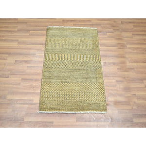 2'x3' Ecru Brown, Modern Grass Design, Hand Knotted, Tone On Tone, Wool With Touch Of Silk, Lush And Plush, Sample, Mat, Oriental Rug FWR458730