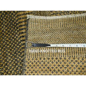 2'x3' Golden Brown, Modern Grass Design, Hand Knotted, Wool With Touch Of Silk, Tone On Tone, Lush And Plush, Mat, Sample, Oriental Rug FWR458772