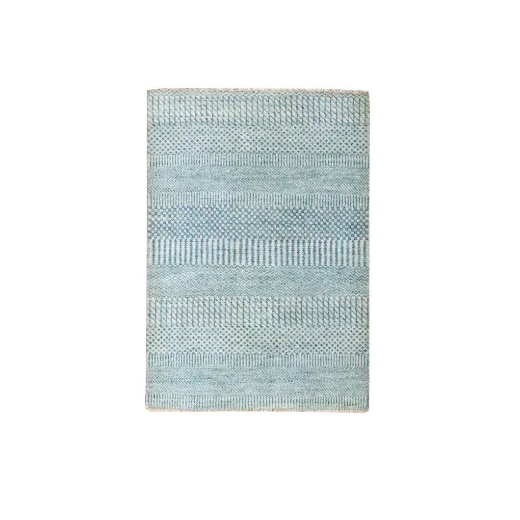 2'x3' Ruddy Blue, Modern Grass Design, Hand Knotted, Wool with touch of Silk, Tone on Tone, Lush and Plush, Sample, Mat, Oriental Rug FWR458808
