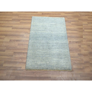 2'x3' Yonder Blue, Tone on Tone, Modern Grass Design, Hand Knotted, Wool with touch of Silk, Lush and Plush, Mat, Sample, Oriental Rug FWR458814