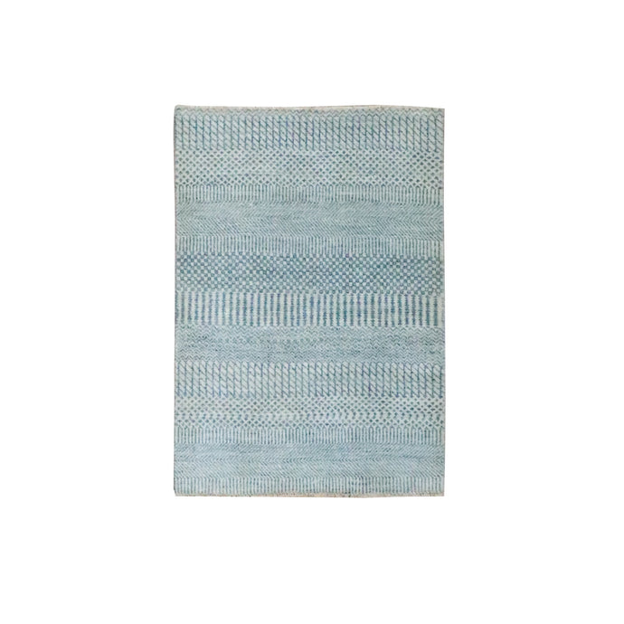 2'x3' Light Blue, Modern Grass Design, Hand Knotted, Wool with touch of Silk, Tone on Tone, Lush and Plush, Sample, Mat, Oriental Rug FWR458820