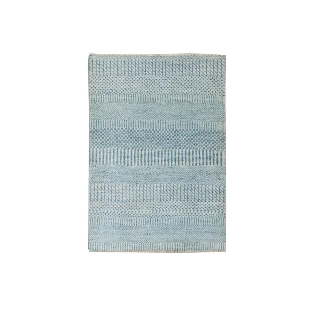 2'x3' Light Blue, Modern Grass Design, Hand Knotted, Wool with touch of Silk, Tone on Tone, Lush and Plush, Sample, Mat, Oriental Rug FWR458820
