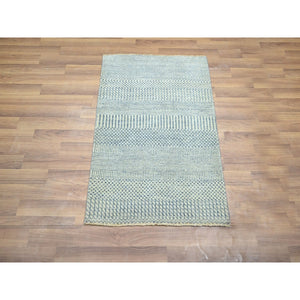 2'x3' Light Blue, Modern Grass Design, Hand Knotted, Wool with touch of Silk, Tone on Tone, Lush and Plush, Sample, Mat, Oriental Rug FWR458820