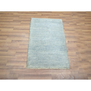 2'x3' Yonder Blue, Modern Grass Design, Tone on Tone, Hand Knotted, Wool with touch of Silk, Lush and Plush, Mat, Sample, Oriental Rug FWR458826