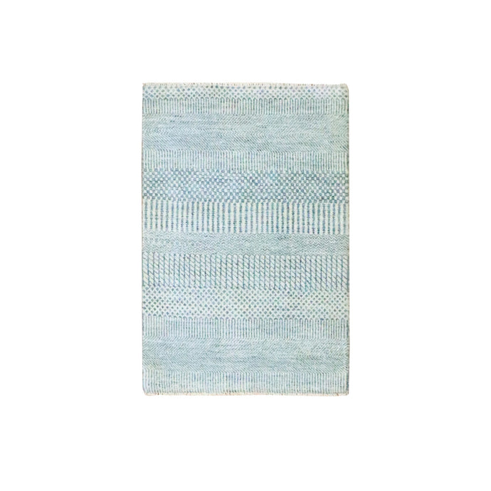 2'x3' Light Blue, Modern Grass Design, Hand Knotted, Wool with touch of Silk, Tone on Tone, Lush and Plush, Sample, Mat, Oriental Rug FWR458832