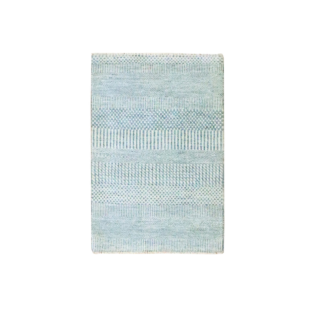 2'x3' Light Blue, Modern Grass Design, Hand Knotted, Wool with touch of Silk, Tone on Tone, Lush and Plush, Sample, Mat, Oriental Rug FWR458832