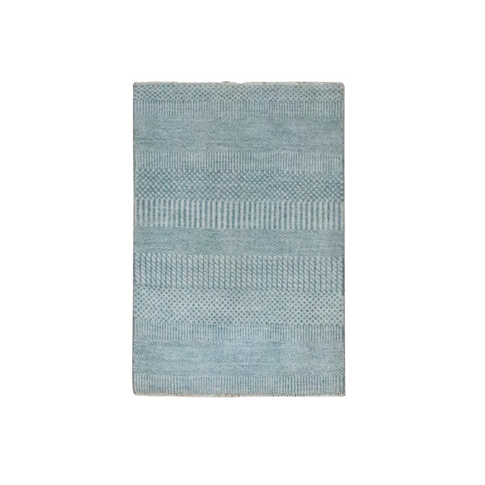 2'x3' Sapphire Blue, Wool with touch of Silk, Tone on Tone, Lush and Plush, Sample, Modern Grass Design, Hand Knotted, Mat, Oriental Rug FWR458838