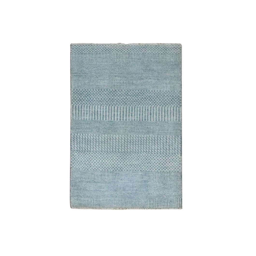 2'x3' Sapphire Blue, Wool with touch of Silk, Tone on Tone, Lush and Plush, Sample, Modern Grass Design, Hand Knotted, Mat, Oriental Rug FWR458838