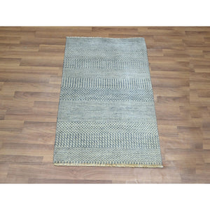 2'x3' Sky Blue, Modern Grass Design, Hand Knotted, Wool with touch of Silk, Tone on Tone, Lush and Plush, Sample, Mat, Oriental Rug FWR458844
