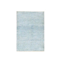 Load image into Gallery viewer, 2&#39;x3&#39; Light Blue, Modern Grass Design, Hand Knotted, Wool with touch of Silk, Tone on Tone, Lush and Plush, Sample, Mat, Oriental Rug FWR458850