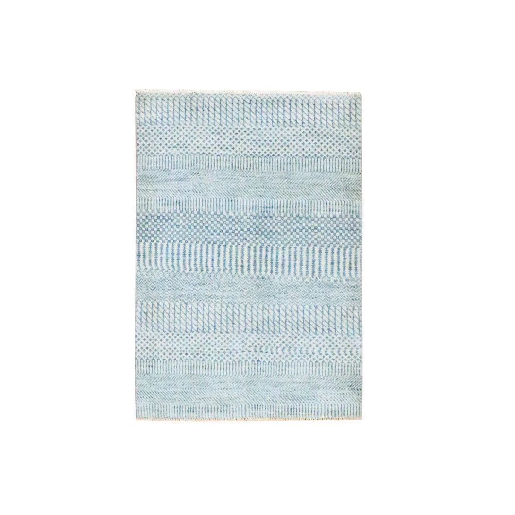 2'x3' Light Blue, Modern Grass Design, Hand Knotted, Wool with touch of Silk, Tone on Tone, Lush and Plush, Sample, Mat, Oriental Rug FWR458850