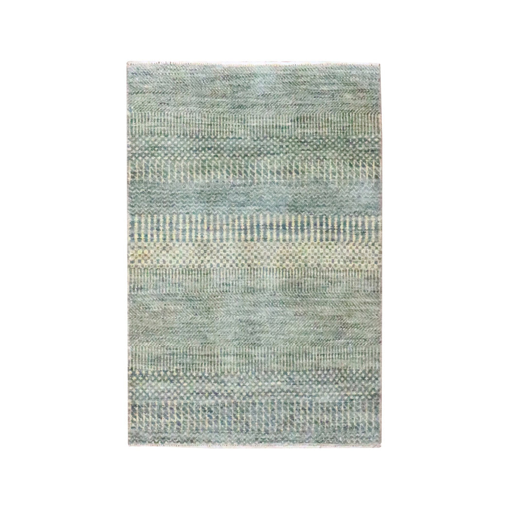 2'x3' Misty Gray, Hand Knotted, Modern Grass Design, Wool with touch of Silk, Tone on Tone, Lush and Plush, Mat, Sample, Oriental Rug FWR458970