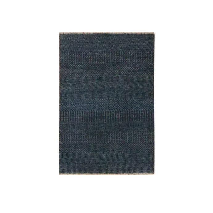 2'x3' Navy Blue, Tone on Tone, Hand Knotted, Wool with touch of Silk, Lush and Plush, Sample, Modern Grass Design, Mat, Oriental Rug FWR459048