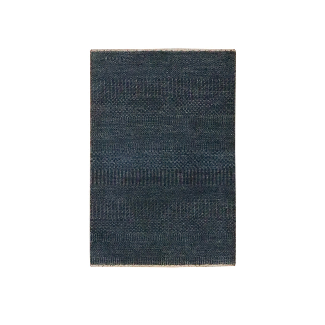 2'x3' Navy Blue, Tone on Tone, Hand Knotted, Wool with touch of Silk, Lush and Plush, Sample, Modern Grass Design, Mat, Oriental Rug FWR459048